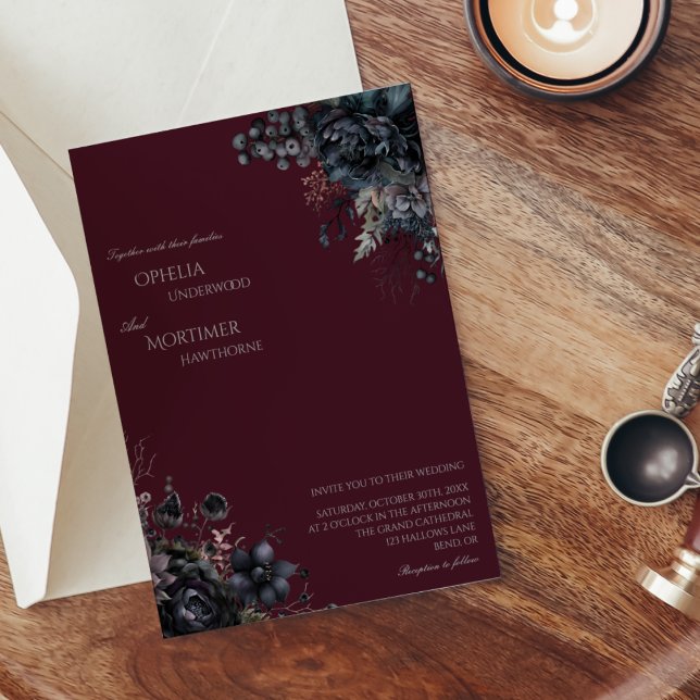 Invitación Dark Gothic Floral Burgundy Boda (Subido por el creador)