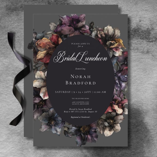Invitación Dark Gothic Moody Watercolor Floral Bridal Lunch (Dark Gothic Moody Watercolor Floral Bridal Lunch Invitation)