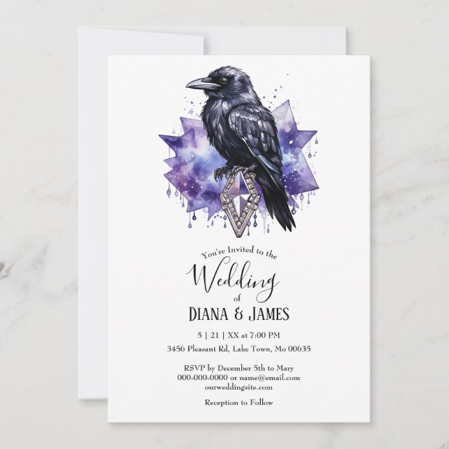Invitación Dark Gothic Purple Raven y Boda de diamantes (Anverso)
