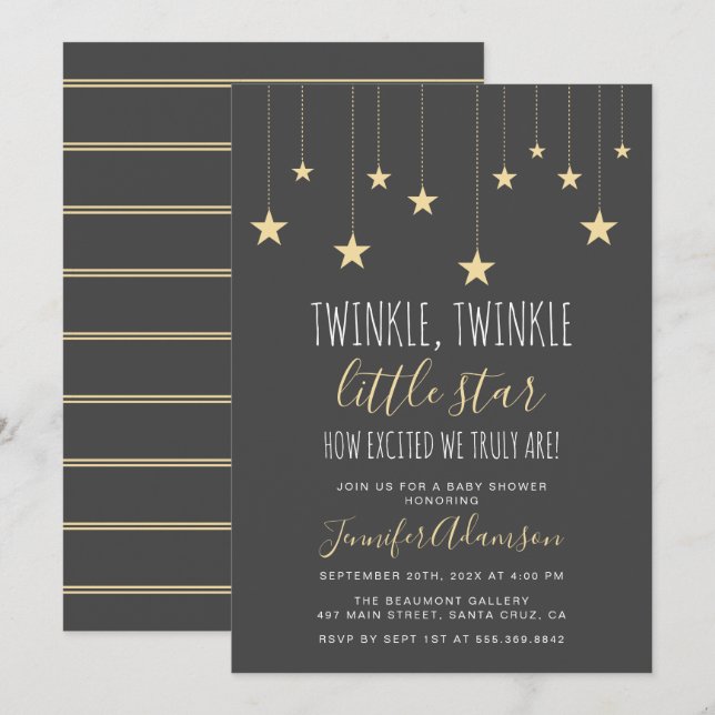 Invitación Dark Gray Twinkle Little Star Baby Shower (Anverso / Reverso)