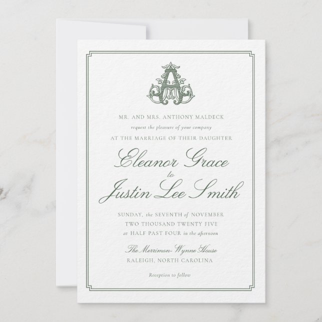 Invitación Dark Green "A" Monogram Wedding Invitation (Anverso)