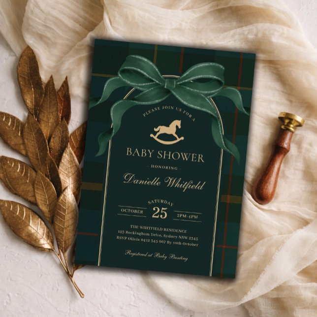Invitación Dark Green Bow Equestrian Plaid Polo Baby Shower (Subido por el creador)