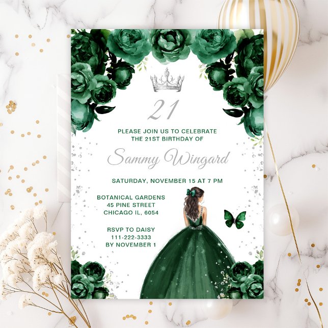 Invitación Dark Green Brunette Hair Princess Birthday Party (Subido por el creador)