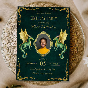 Invitación Dark Green dragon dorado cumpleaños