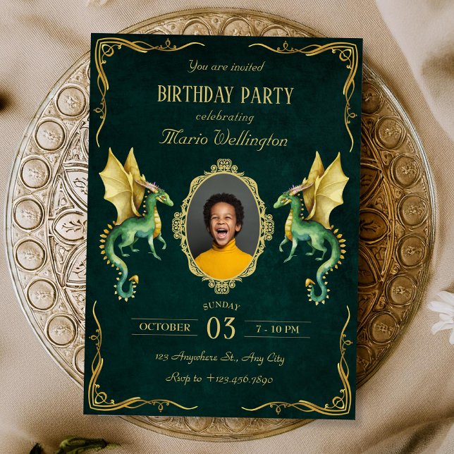 Invitación Dark Green dragon dorado cumpleaños (Subido por el creador)