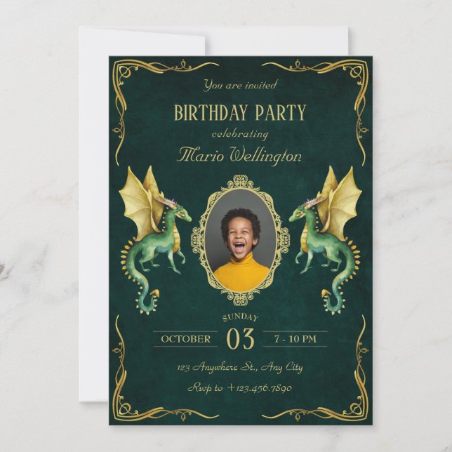 Invitación Dark Green dragon dorado cumpleaños (Anverso)
