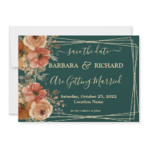 Dark Green Gold Floral Watercolor Save Date