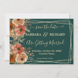 Invitación Dark Green Gold Floral Watercolor Save Date