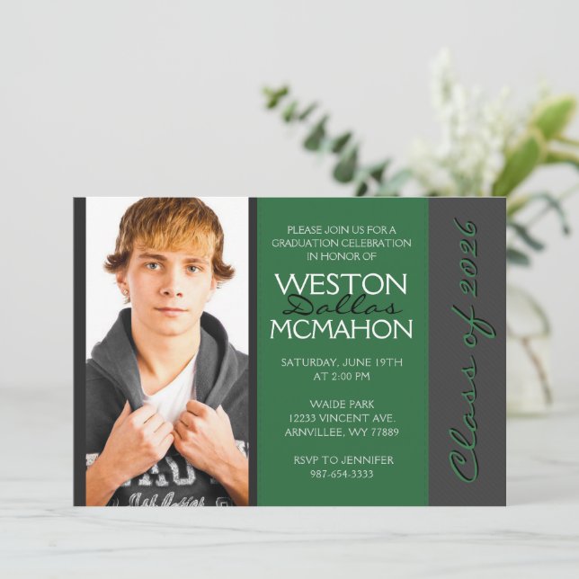 Invitación Dark Green & Pinstripe Grey Photo Graduation (Anverso de pie)