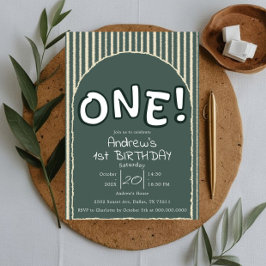 Invitación Dark Green Stripes 1st Birthday