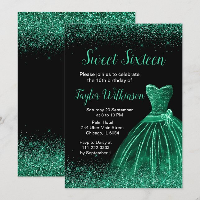Invitación Dark Green Vress Faux Purpurina Sweet 16 Cumpleaño (Anverso / Reverso)