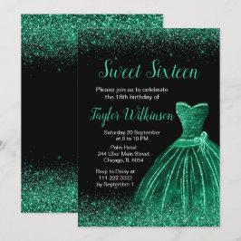 Invitación Dark Green Vress Faux Purpurina Sweet 16 Cumpleaño