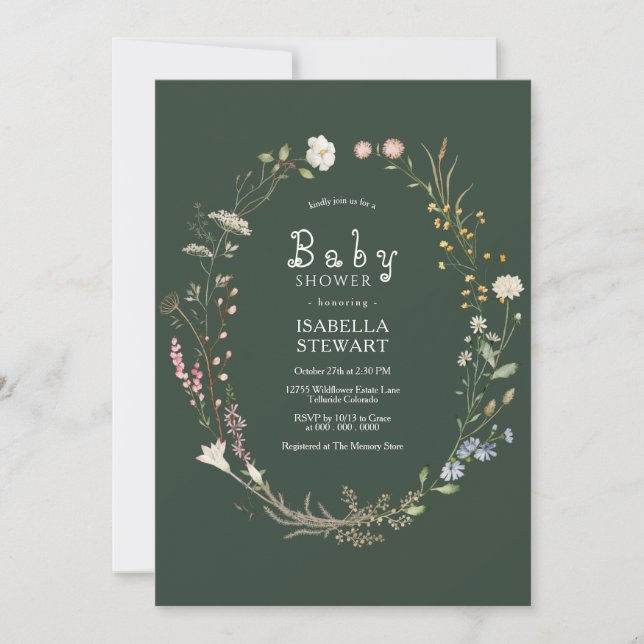 Invitación Dark Green Watercolor Wildflower Baby Shower (Anverso)