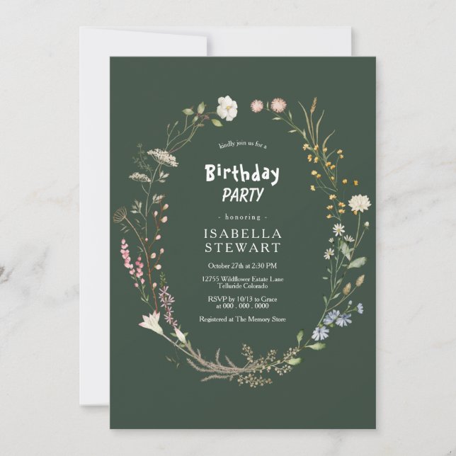 Invitación Dark Green Watercolor Wildflower BIrthday Party (Anverso)