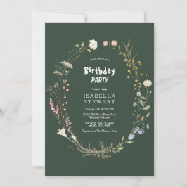 Invitación Dark Green Watercolor Wildflower BIrthday Party