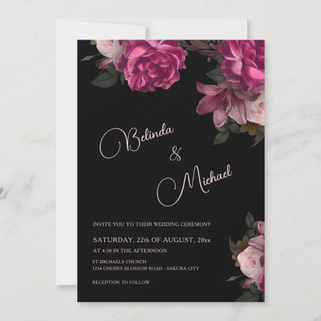 Invitación Dark Hand Drawn Roses Photo Wedding (Anverso)