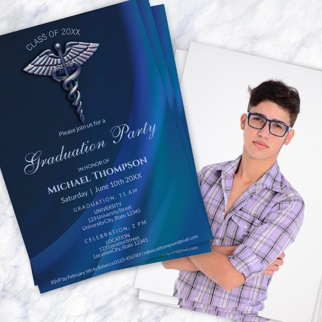 Invitación Dark Holographic Blue Medical Graduation | Photo (Subido por el creador)