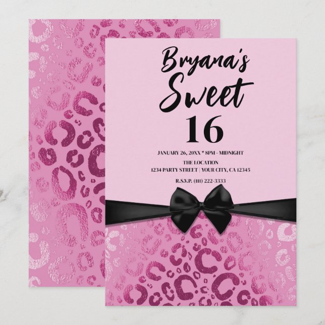 Invitación DARK & LIGHT PINK GLAM LEOPARD PRINT SWEET 16 beco (Anverso / Reverso)