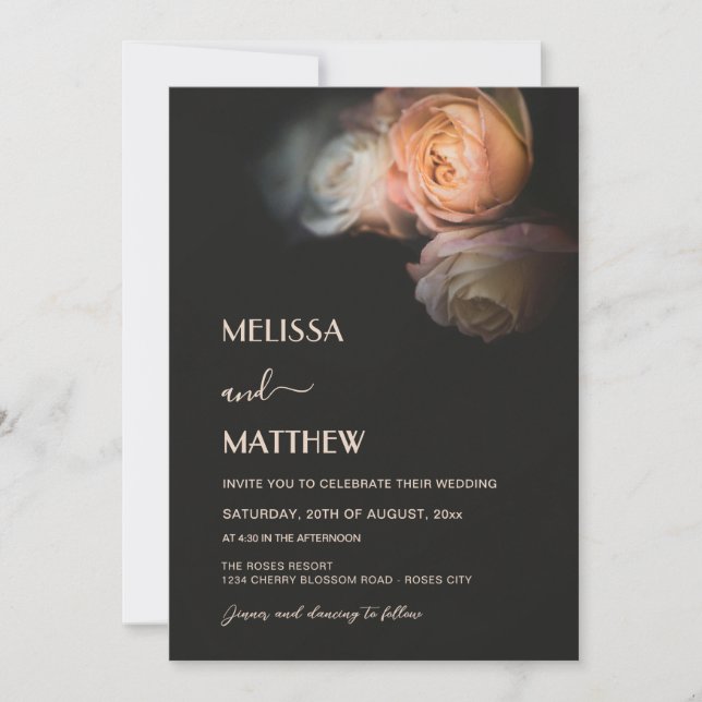 Invitación Dark Moody Blush Apricot Roses Wedding (Anverso)
