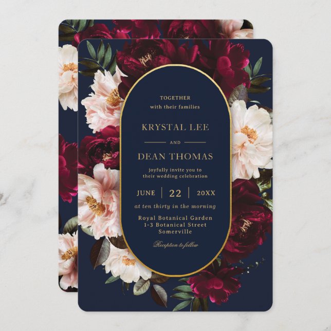 Invitación Dark Moody Burgundy Blush Navy Blue Floral Wedding (Anverso / Reverso)