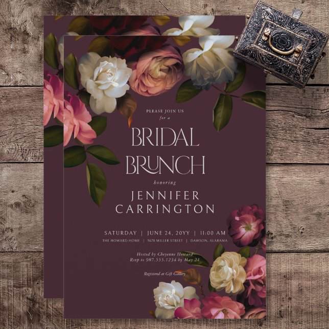 Invitación Dark Moody Burgundy & Cream Peonies Bridal Brunch (Dark Moody Pink Burgundy & Cream Peonies Bridal Brunch Invitation)
