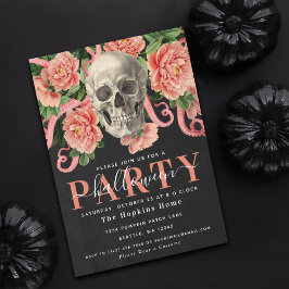 Invitación Dark Moody Coral Skull Floral Halloween Party
