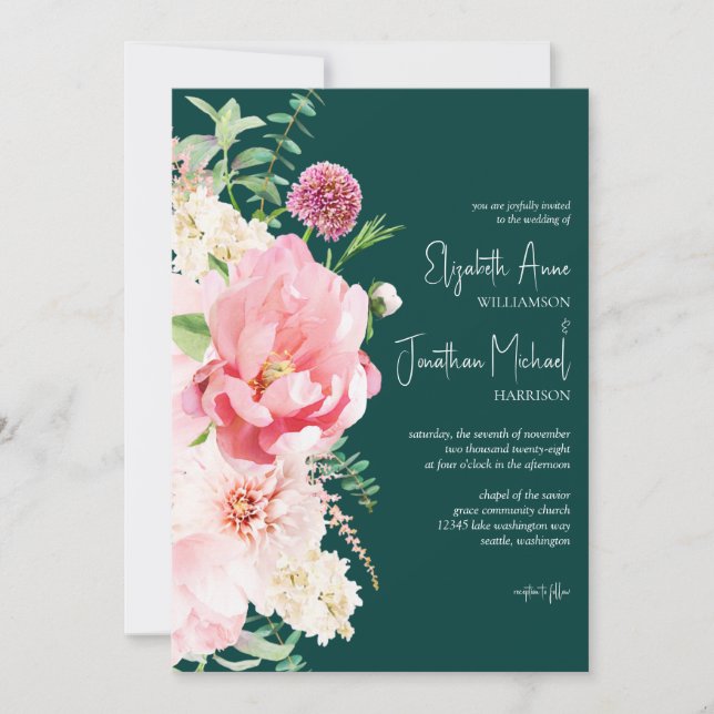 Invitación Dark Moody Emerald Rubor Floral Stylish (Anverso)