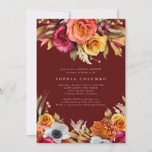 Invitación Dark Moody Fall Floral lRomantic Bridal Shower  (Anverso)