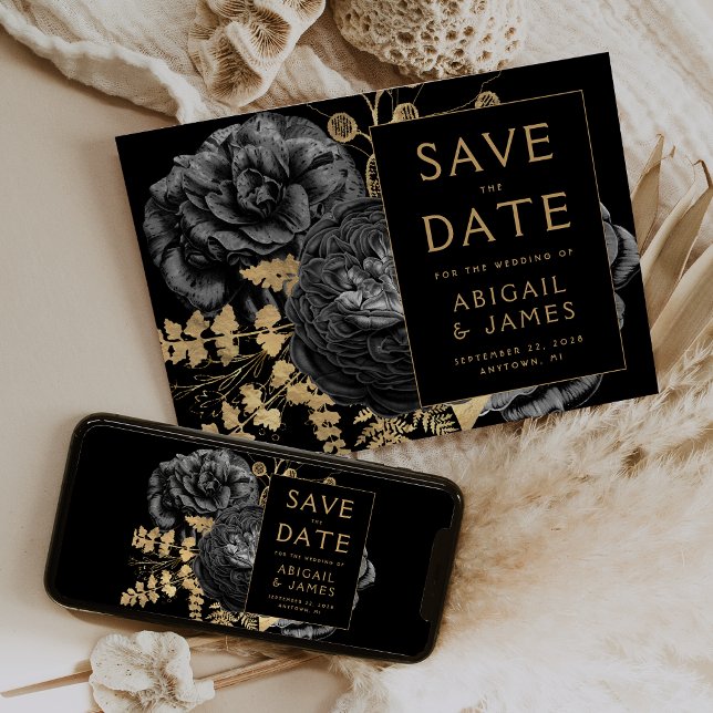Invitación Dark Moody Floral Black Gold Wedding Save the Date (Subido por el creador)