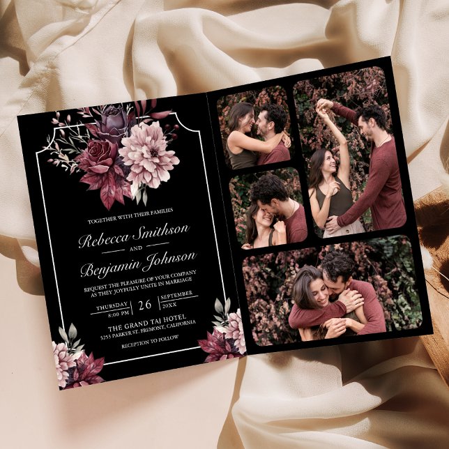 Invitación Dark Moody Floral Frame Black QR Code Wedding (Subido por el creador)