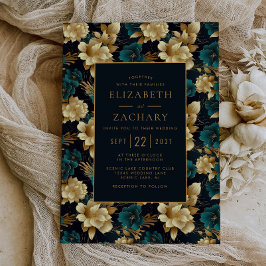 Invitación Dark Moody Floral Verde azulado Oro marfil Boda ne