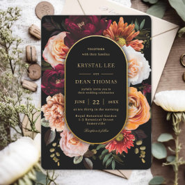 Invitación Dark Moody Orange Rust Burgundy Floral Wedding