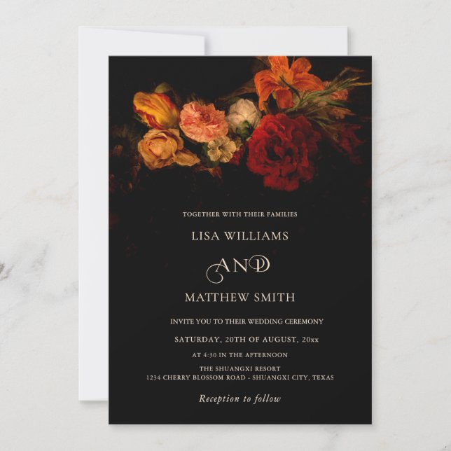 Invitación Dark Moody Painted Flowers  Wedding (Anverso)