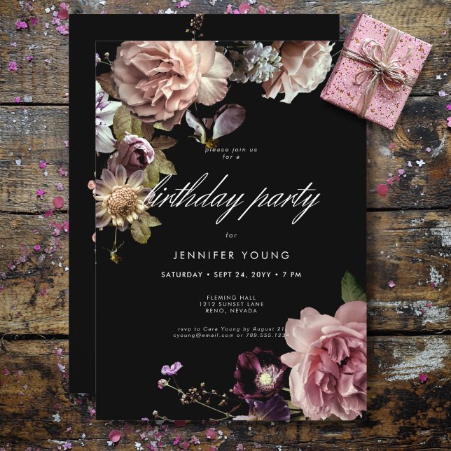 Invitación Dark Moody Pastel Opulent Floral Black Birday (Dark Moody Pastel Opulent Floral Black Birthday Invitation)
