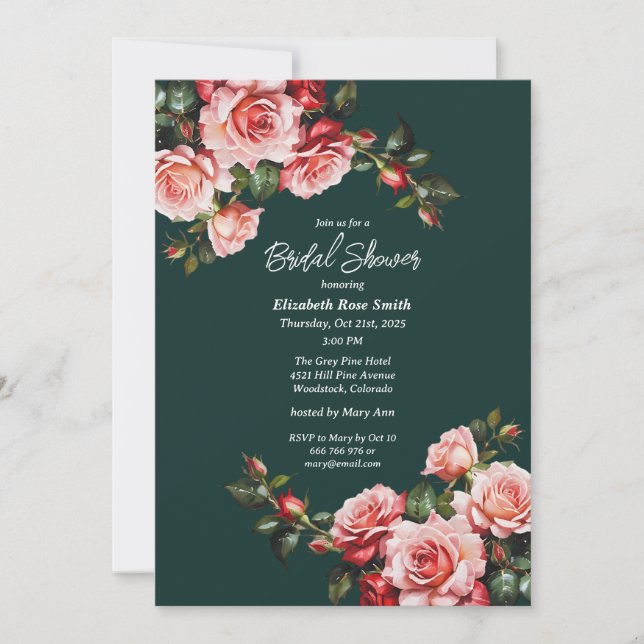 Invitación Dark moody pink and red roses green bridal shower (Anverso)