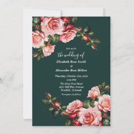 Invitación Dark moody pink and red roses green wedding