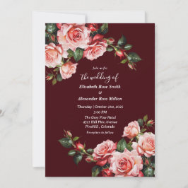 Invitación Dark moody pink and red roses maroon wedding