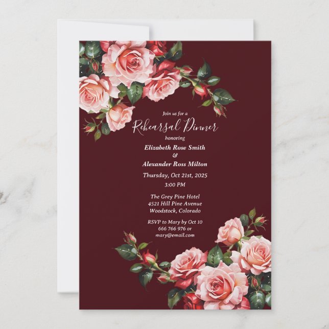 Invitación Dark moody pink and red roses Rehearsal Dinner (Anverso)