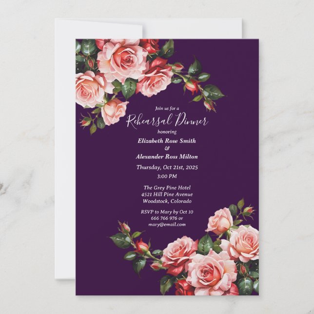 Invitación Dark moody pink and red roses Rehearsal Dinner (Anverso)