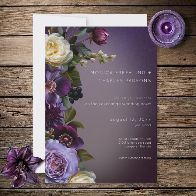 Invitación Dark Moody Purple Lavender Floral Modern Wedding (Dark Moody Purple Lavender Floral Modern Wedding Invitation)