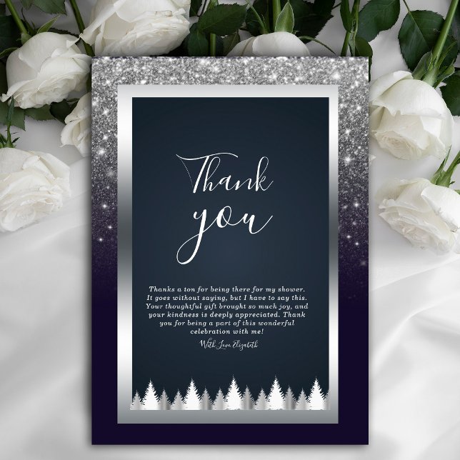 Invitación Dark Moody Purpurina Silver Navy Blue Gracias (Dark and dramatic. Our navy blue, silver, and purple floral thank you card add a touch of mystery)