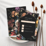 Invitación Dark Moody Romantic Floral Holandés Painterly RSVP<br><div class="desc">Forma hexágono negro como el cuerpo sobre los florales de color joya oscuro inspirados por maestros holandeses en la parte posterior. Personalizar el color de fondo en la parte delantera y trasera. Todo el texto es editable.</div>