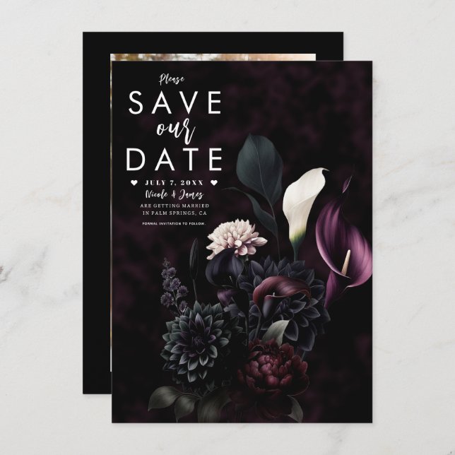 Invitación Dark Moody Romantic Floral Wedding Save the Date (Anverso / Reverso)