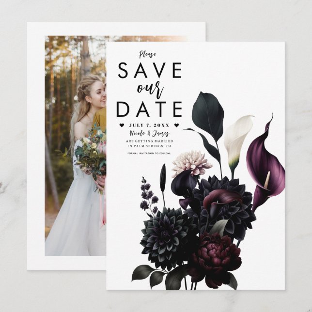 Invitación Dark Moody Romantic Floral Wedding Save the Date (Anverso / Reverso)