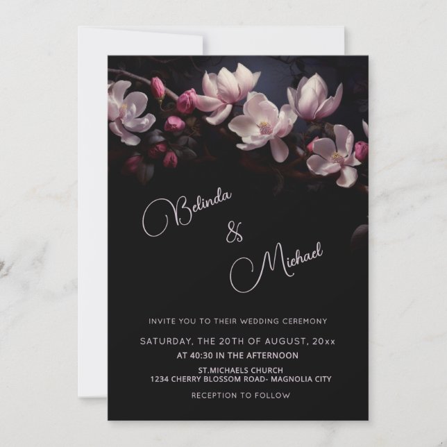 Invitación Dark  Moody Romantic Magnolia Flowers (Anverso)