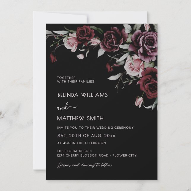 Invitación Dark Moody Roses Black Background | Photo Wedding (Anverso)