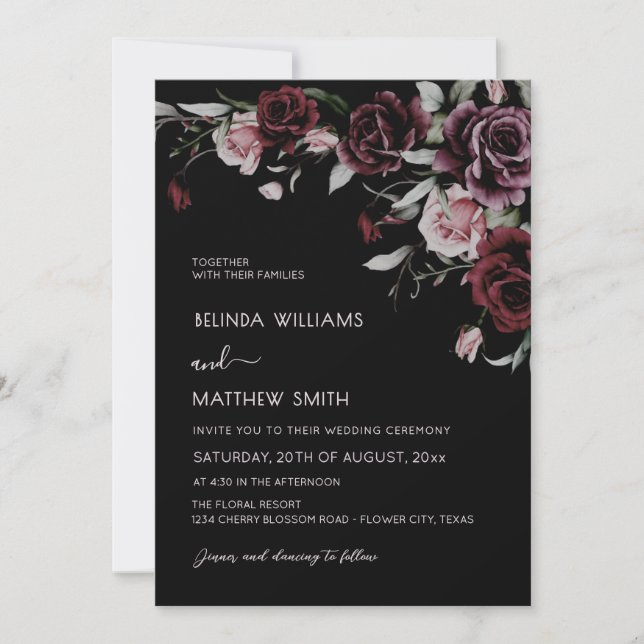 Invitación Dark Moody Roses Black Background | Photo Wedding (Anverso)