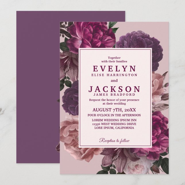Invitación Dark Moody Watercolor Floral Boda de Invierno (Anverso / Reverso)