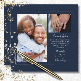 Invitación Dark Navy Blue Gold White Script Foto Gracias