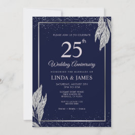 Invitación Dark Navy Blue Silver Leaf Wedding Anniversary 